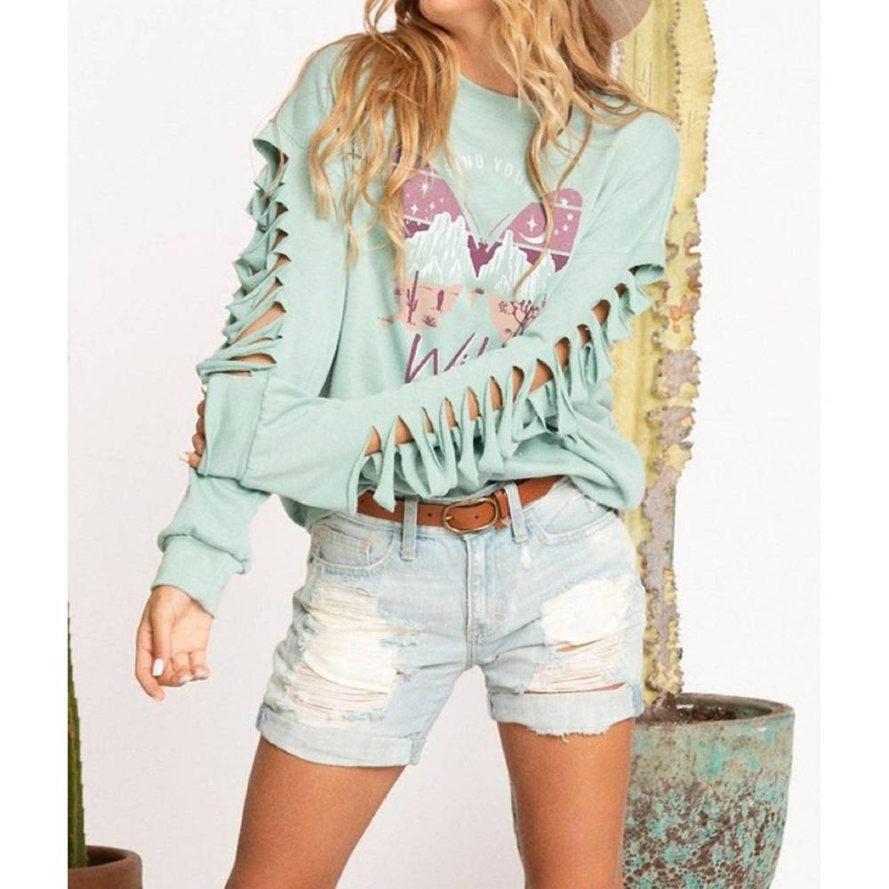 NEW BLUE BUTTERCUP slit sleeve butterfly sweatshirt in jade